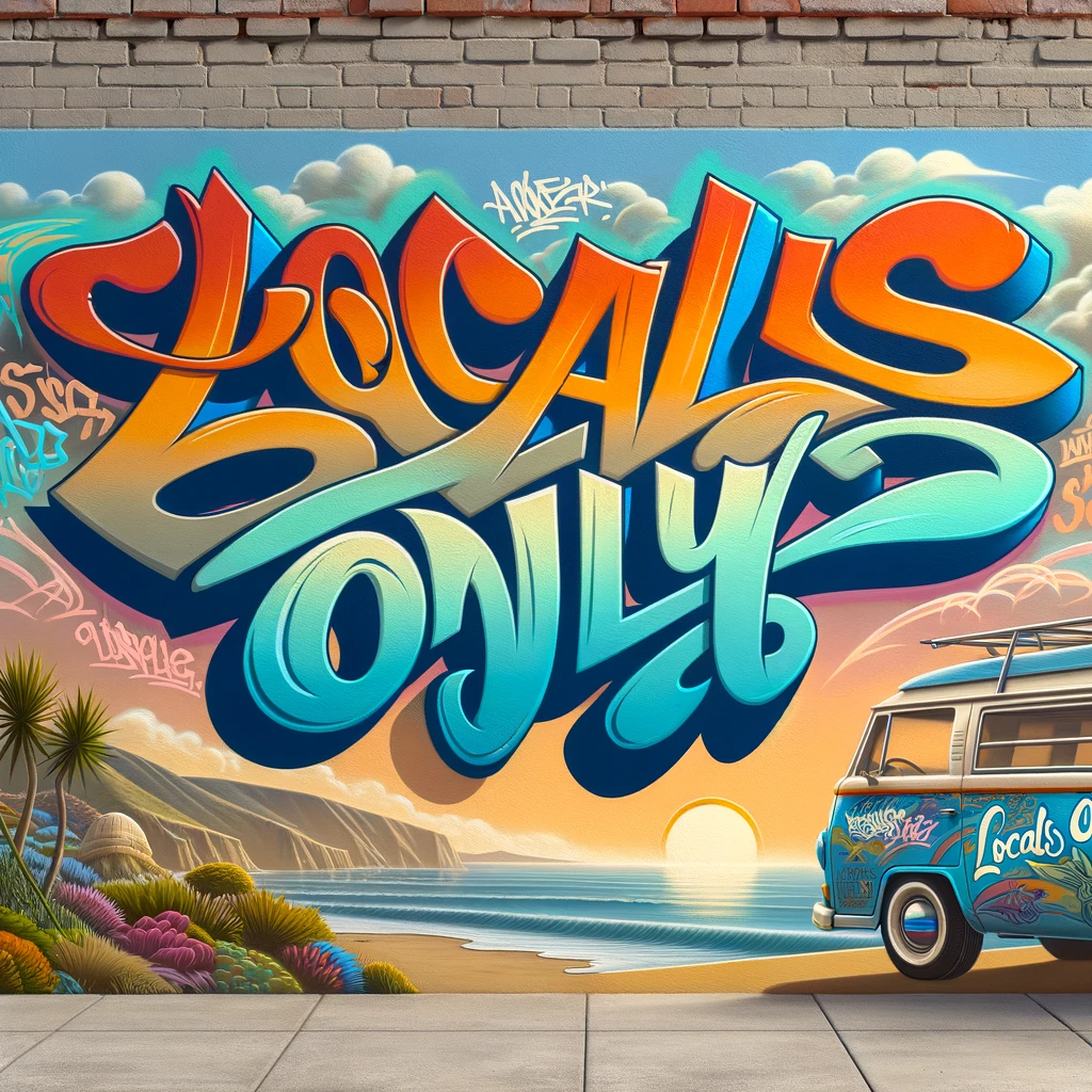 DALL·E 2023-11-14 07.12.44 - Create a variation of the mural design on a stucco and brick wall, blending wildstyle graffiti with 70's surf art, overlooking the Pacific Ocean. This
